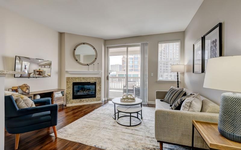 a living room with a fireplace